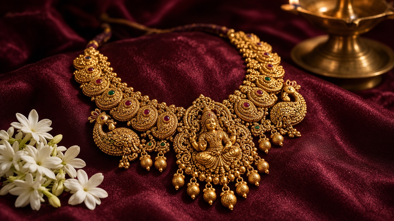 Tamil Nadu temple gold necklace with a Lakshmi pendant, peacocks, and mango motifs